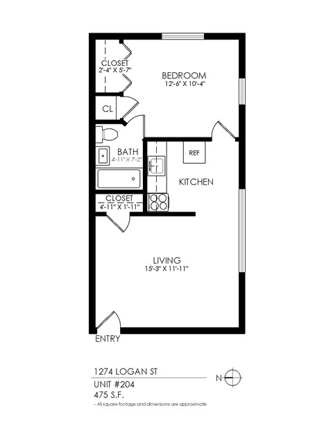 A floor plan for a 475 square foot unit at 1274 Logan St shows a living area, kitchen, bathroom, and bedroom.